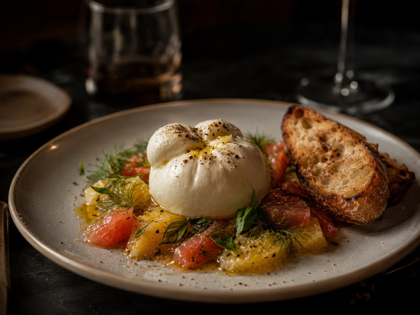 Entrada burrata cítrica con presentación premium